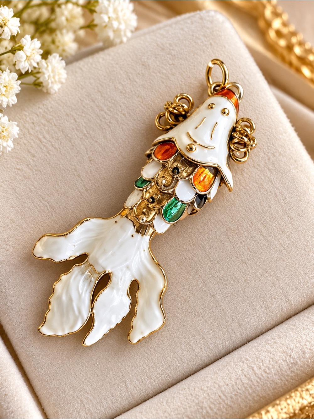 Gold Enamel Fish Pendant - White, Orange & Green